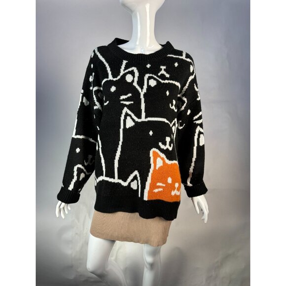 Zinv & Cdupe Vintage Large Cat Lady Black Cat Patterned Sweater Fabric Pilling - Picture 13 of 16